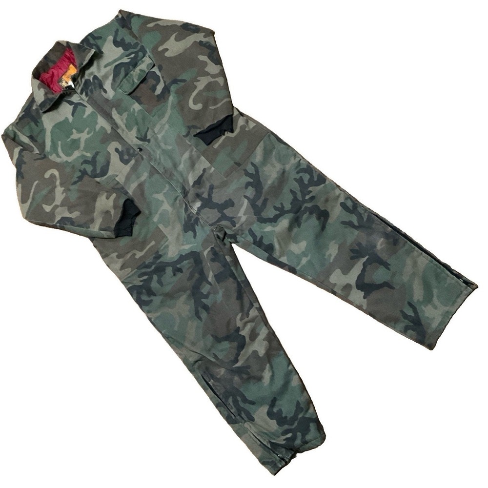 Trail Crest Coveralls Mens Medium Green Woodland Camo Insulated Quilted Made USA